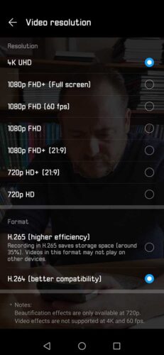 Best settings for the Huawei P30 Pro: set video resolution