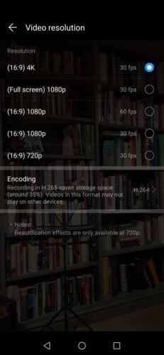 Best settings for the Huawei Nova 5T: Video resolution